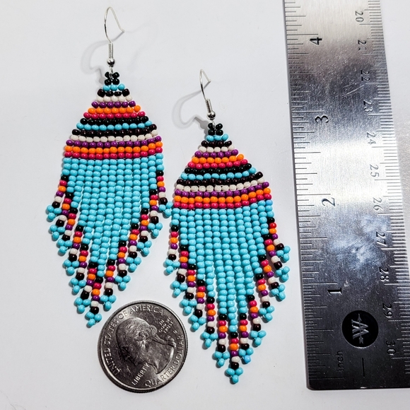Handmade Turquoise Blue Tribal Patterned Fringe Seed Bead Earrings - Picture 2 of 5